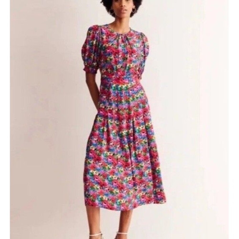 Boden Liv Dress US 10 Pleat Detail Midi Bright Floral Wildflower Poppy (V1